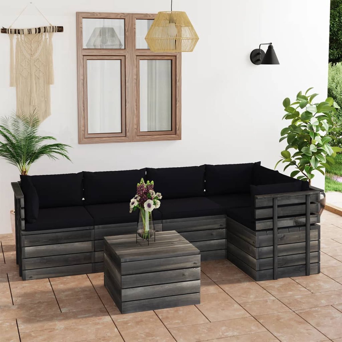 Vidaxl 6-delige Loungeset Met Kussens Pallet Massief Grenenhout - Zwart