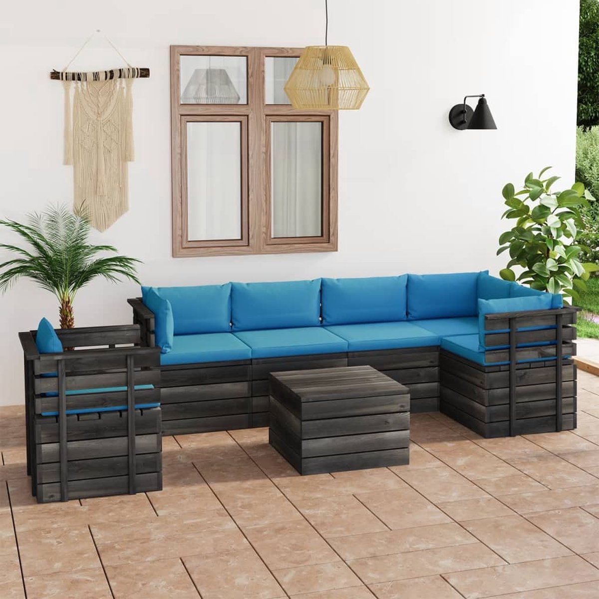 Vidaxl 7-delige Loungeset Met Kussens Pallet Massief Grenenhout - Blauw