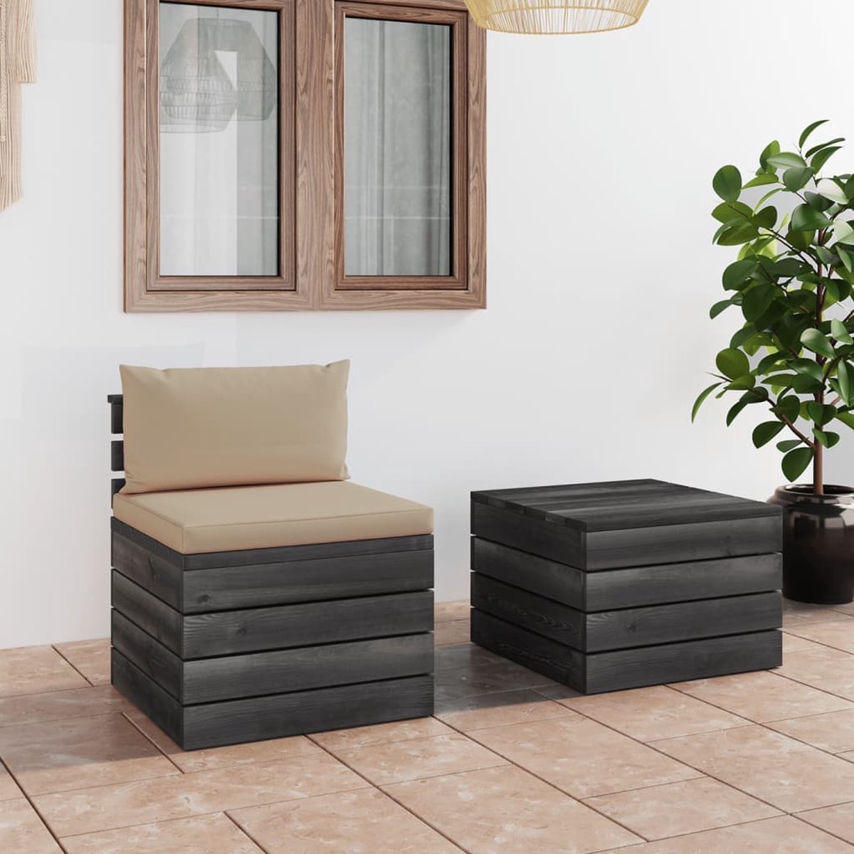 Vidaxl 2-delige Loungeset Met Kussens Pallet Massief Grenenhout - Beige