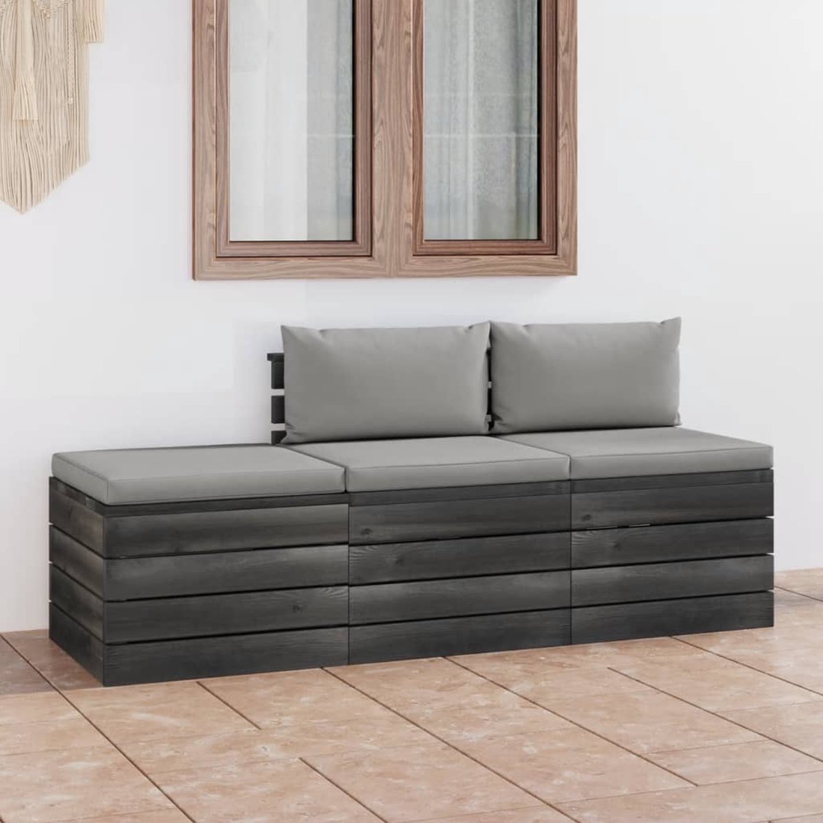 Vidaxl 3-delige Loungeset Met Kussens Pallet Massief Grenenhout - Grijs