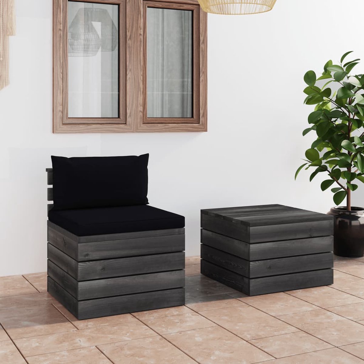 Vidaxl 2-delige Loungeset Met Kussens Pallet Massief Grenenhout - Zwart