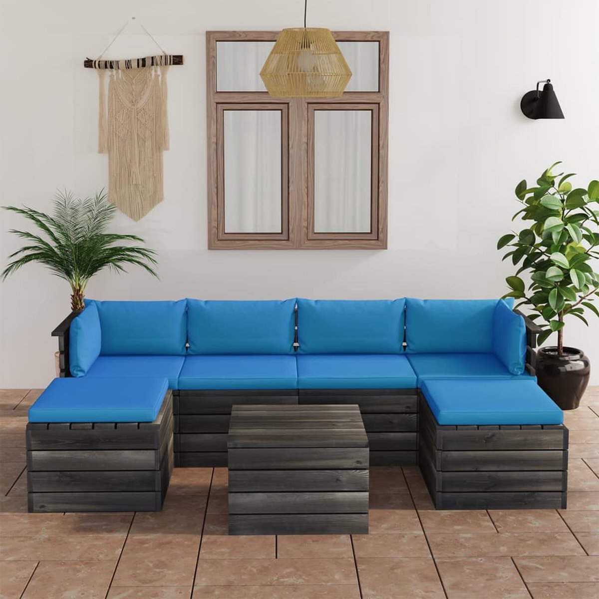 Vidaxl 7-delige Loungeset Met Kussens Pallet Massief Grenenhout - Blauw