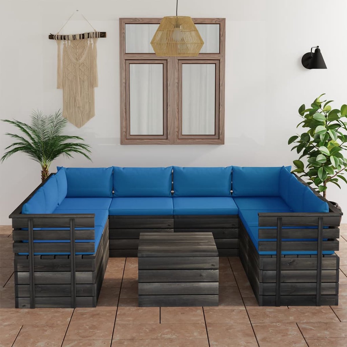 Vidaxl 9-delige Loungeset Met Kussens Pallet Massief Grenenhout - Blauw