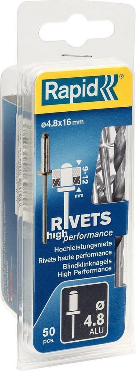 Rapid High performance blindklinknagels Ø4,8 x 16 mm, 50 stuks + boor - 5000390