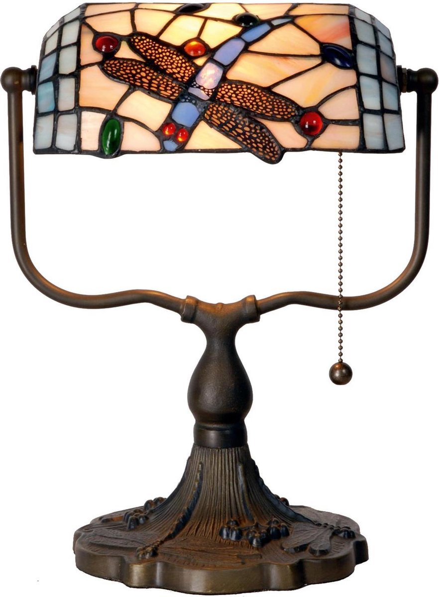 Clayre & Eef Tiffany Bankierslamp Met Libelle -, Groen, Rood,, Paars - Glas, Metaal - Oranje