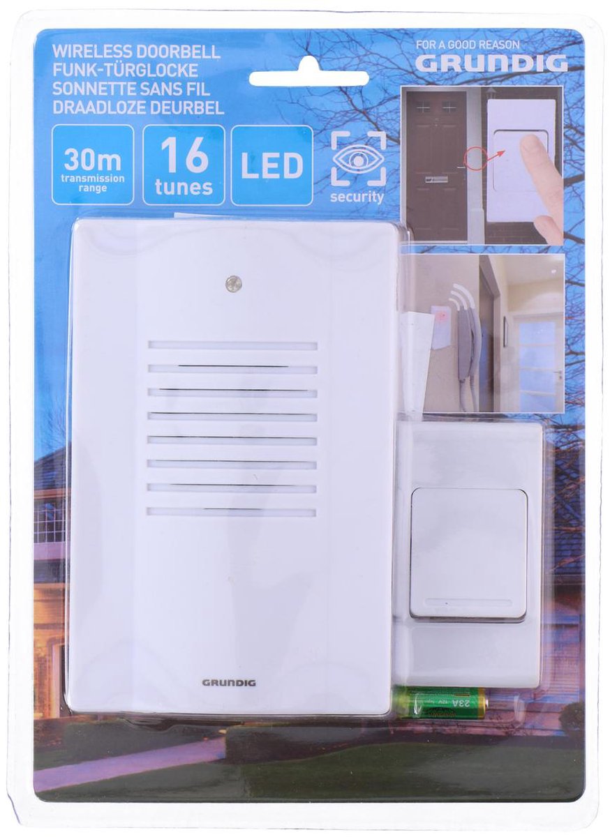 Grundig Draadloze deurbel, LED en 16 geluiden - 30m bereik