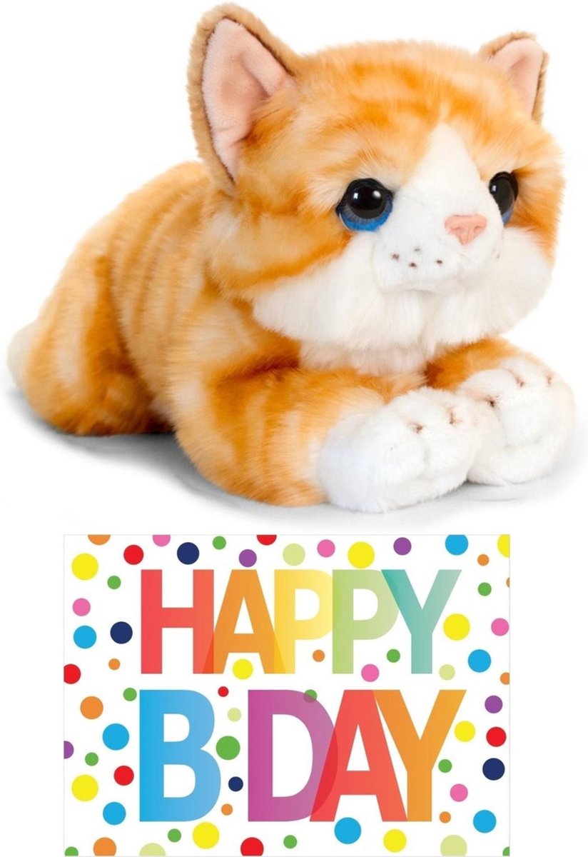 Bellatio Decorations Cadeau Setje Pluche/witte Kat/poes Knuffel 32 Cm Met Grote A5 Formaat Happy Birthday Wenskaart - Rood