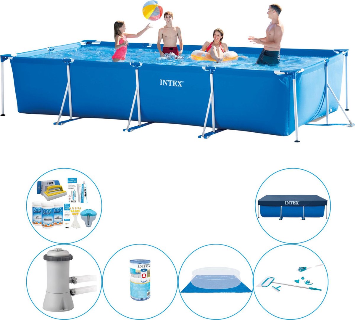 Intex Frame Pool Rechthoekig 450x220x84 Cm - Zwembad Met Accessoires - Blauw