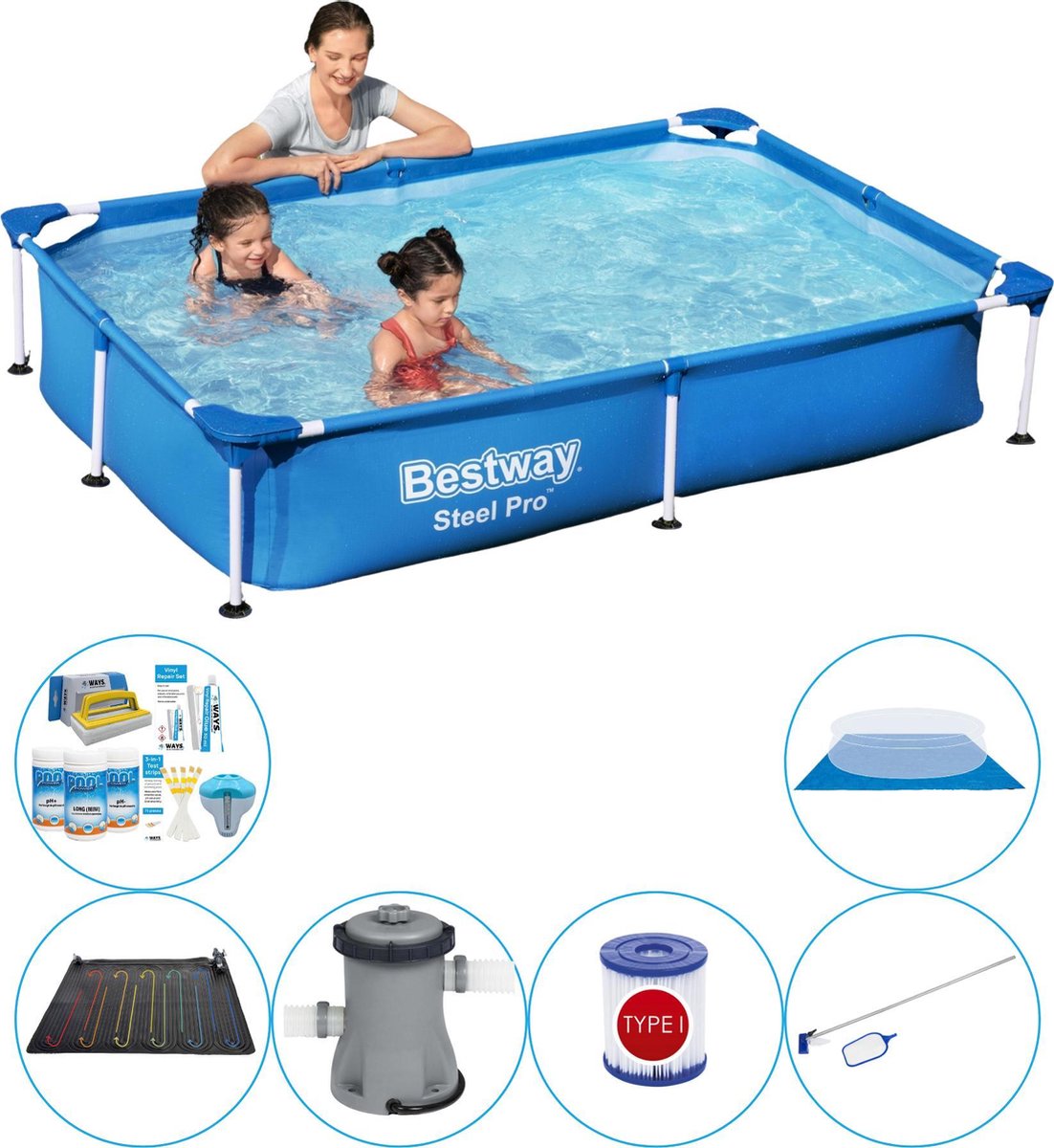 Bestway Steel Pro Rechthoekig 221x150x43 Cm - 7-delig - Zwembad Met Accessoires - Blauw