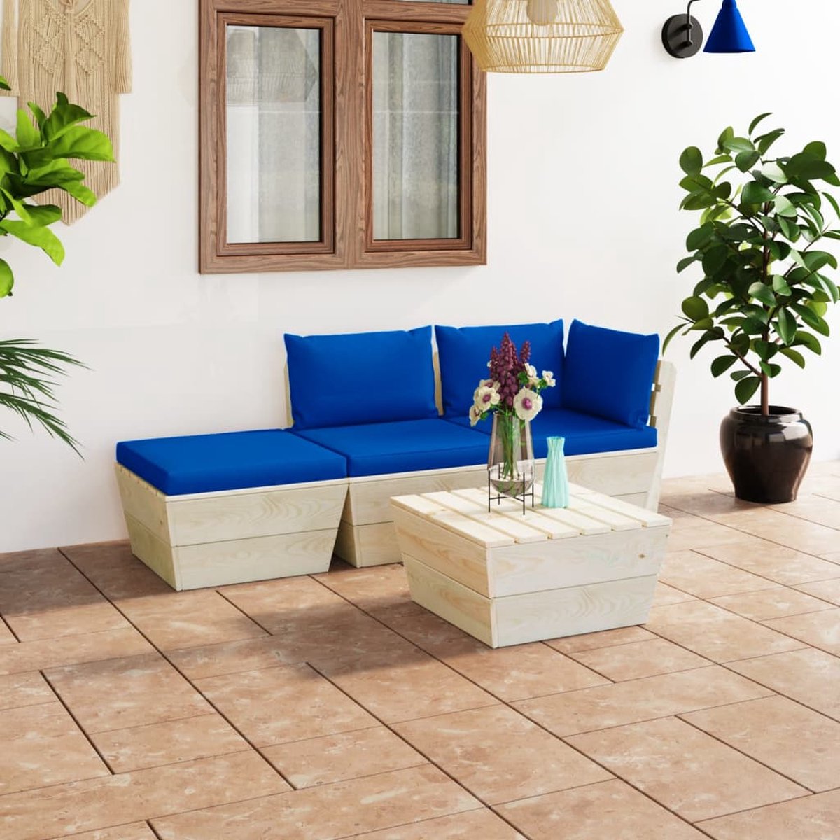 Vidaxl 4-delige Loungeset Met Kussens Pallet Vurenhout - Blauw