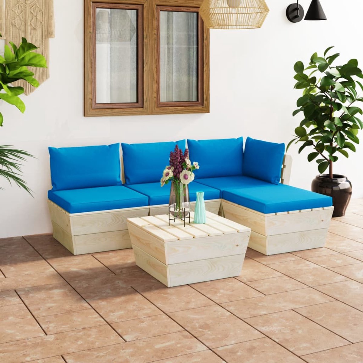 Vidaxl 5-delige Loungeset Met Kussens Pallet Vurenhout - Blauw