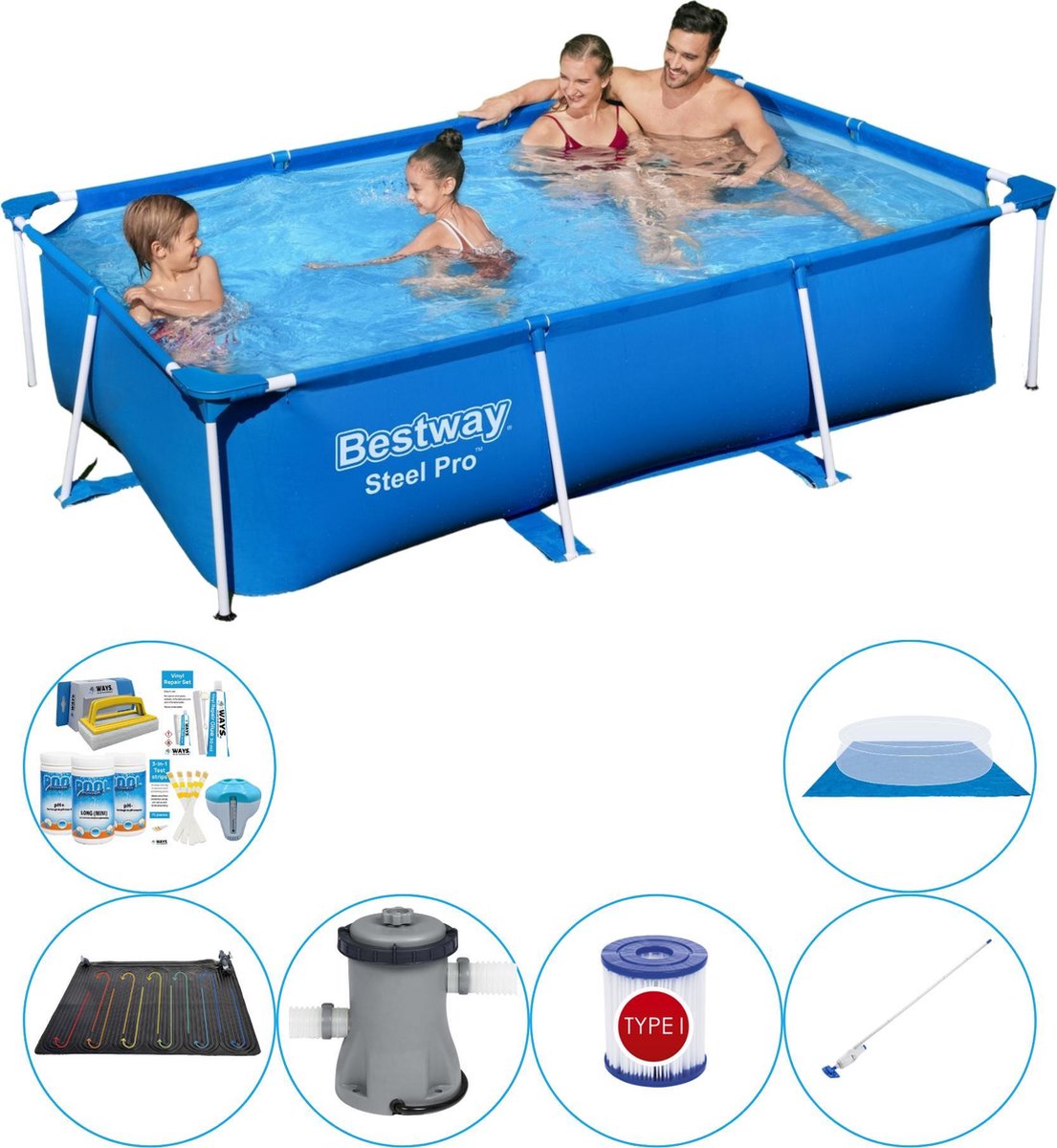 Bestway Steel Pro Rechthoekig 259x170x61 Cm - 7-delig - Zwembad Set - Blauw