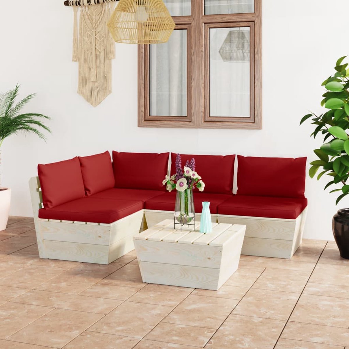 Vidaxl 5-delige Loungeset Met Kussens Pallet Vurenhout - Rood