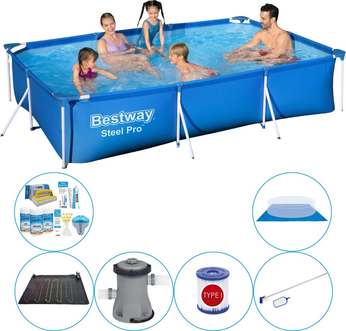 Bestway Steel Pro Rechthoekig 300x201x66 Cm - 7-delig - Zwembad Met Accessoires - Blauw