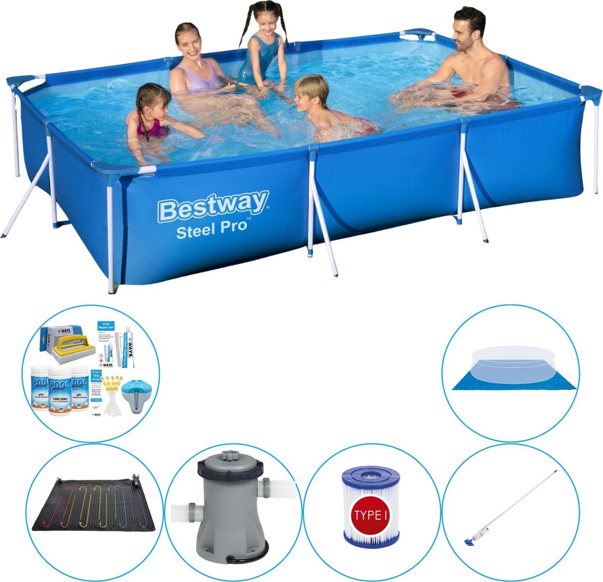 Bestway Steel Pro Rechthoekig 300x201x66 Cm - 7-delig - Zwembad Set - Blauw