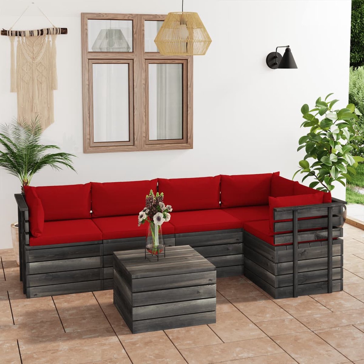 Vidaxl 6-delige Loungeset Met Kussens Pallet Massief Grenenhout - Rood