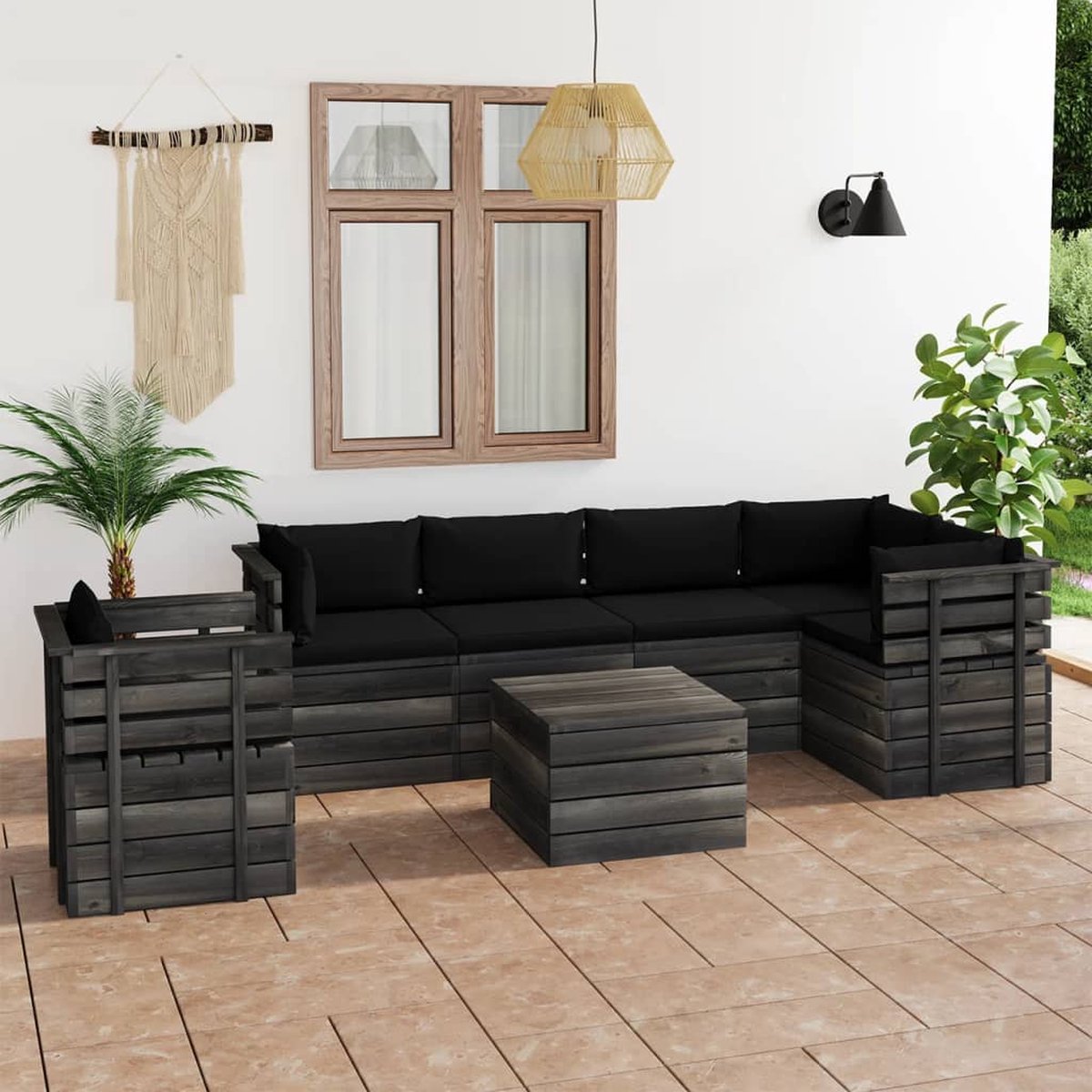 Vidaxl 7-delige Loungeset Met Kussens Pallet Massief Grenenhout - Zwart