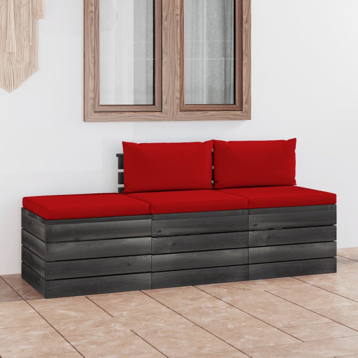 Vidaxl 3-delige Loungeset Met Kussens Pallet Massief Grenenhout - Rood