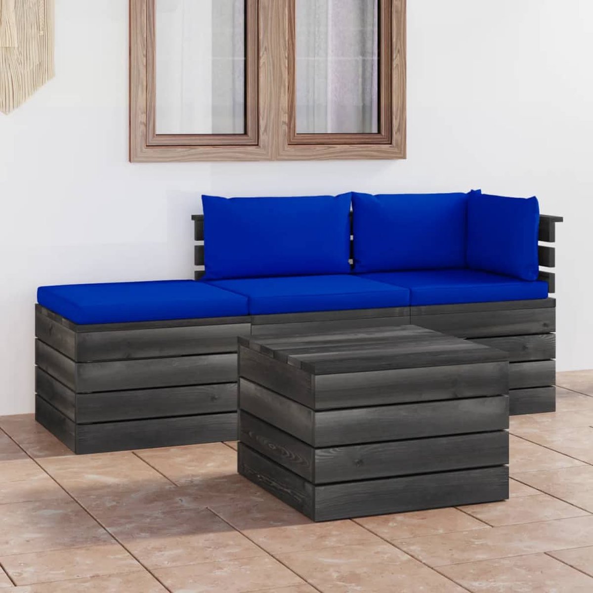 Vidaxl 4-delige Loungeset Met Kussens Pallet Massief Grenenhout - Blauw