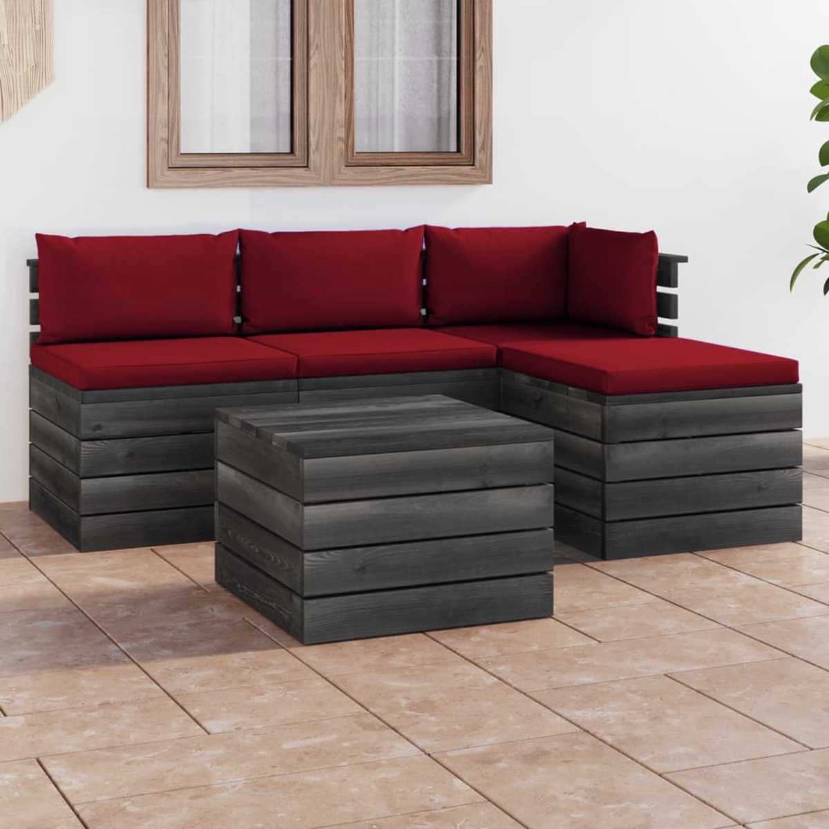 Vidaxl 5-delige Loungeset Met Kussens Pallet Massief Grenenhout - Rood