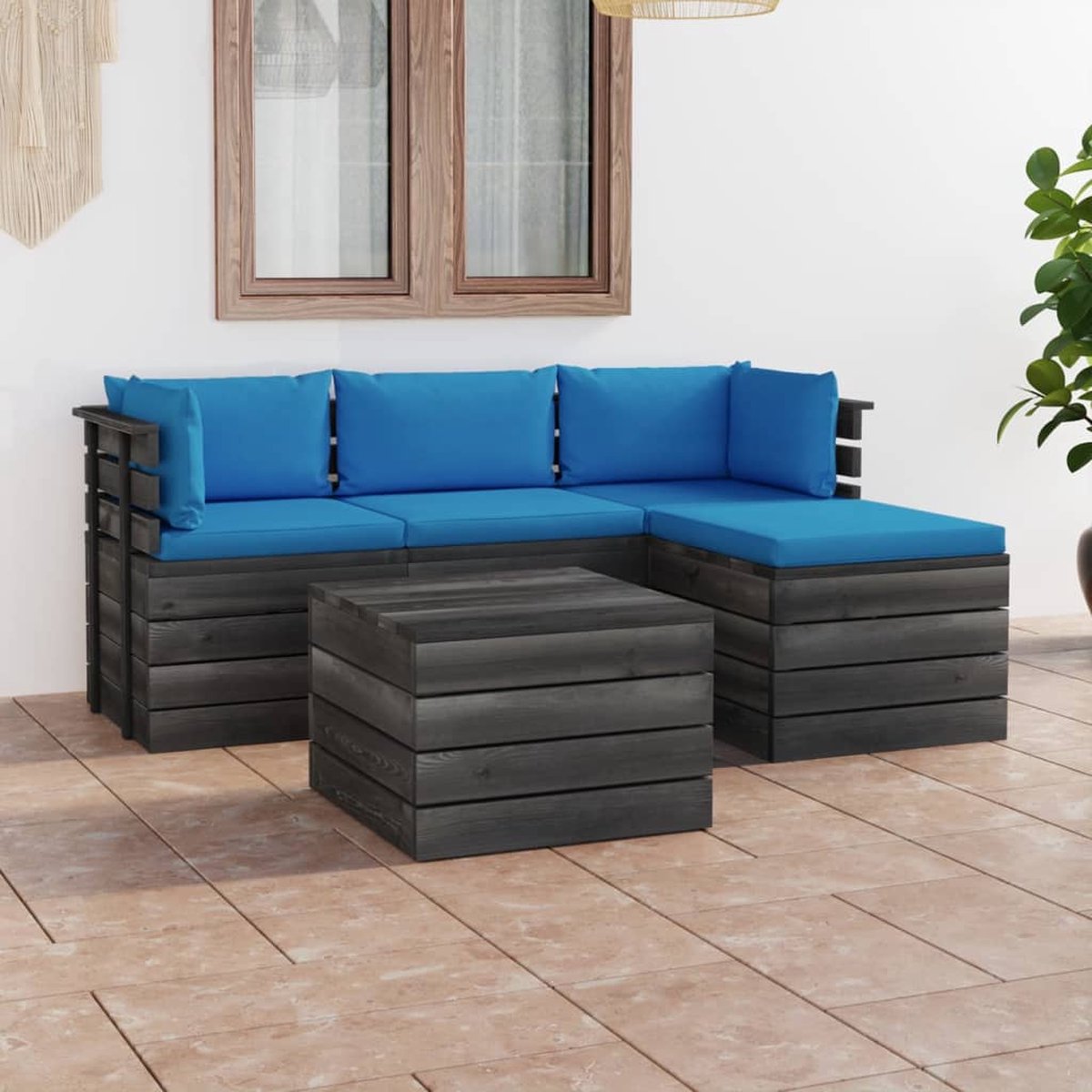 Vidaxl 5-delige Loungeset Met Kussens Pallet Massief Grenenhout - Blauw