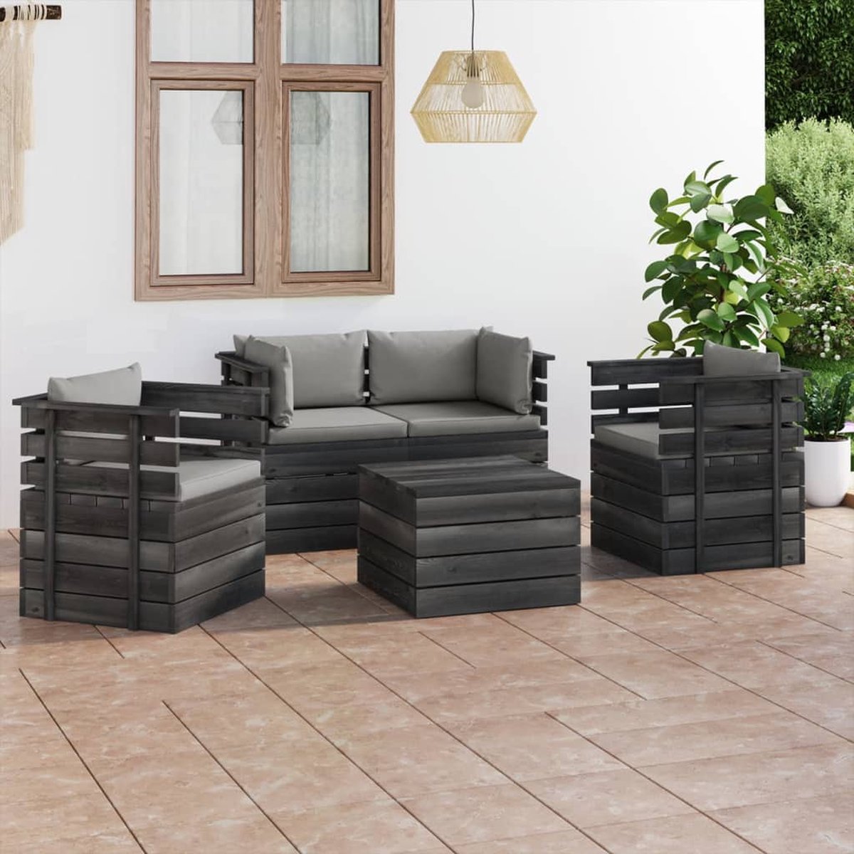 Vidaxl 5-delige Loungeset Met Kussens Pallet Massief Grenenhout - Grijs