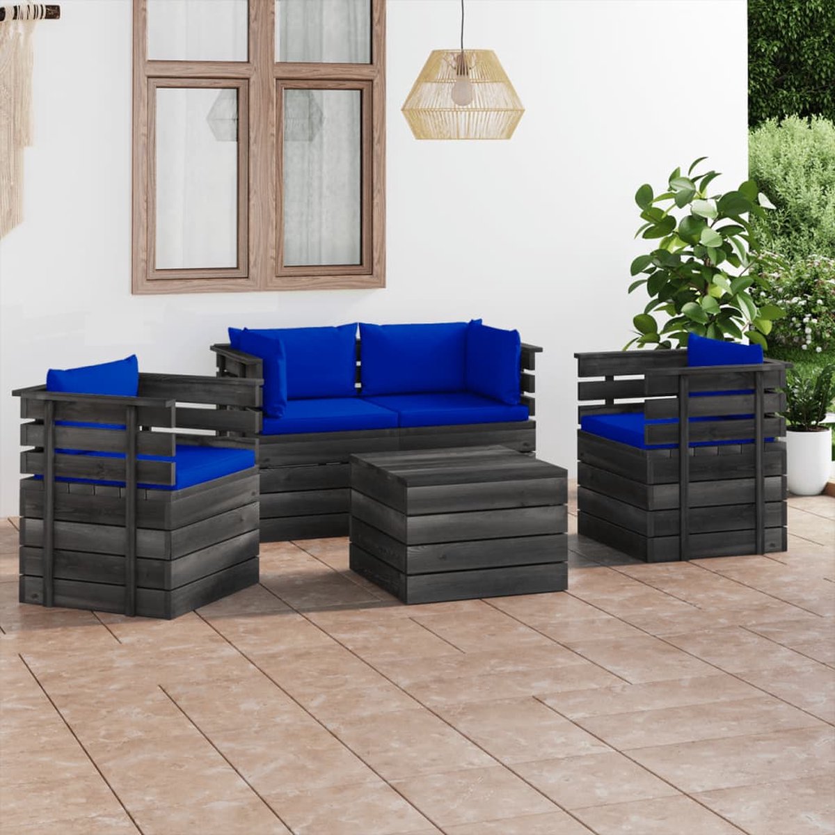 Vidaxl 5-delige Loungeset Met Kussens Pallet Massief Grenenhout - Blauw