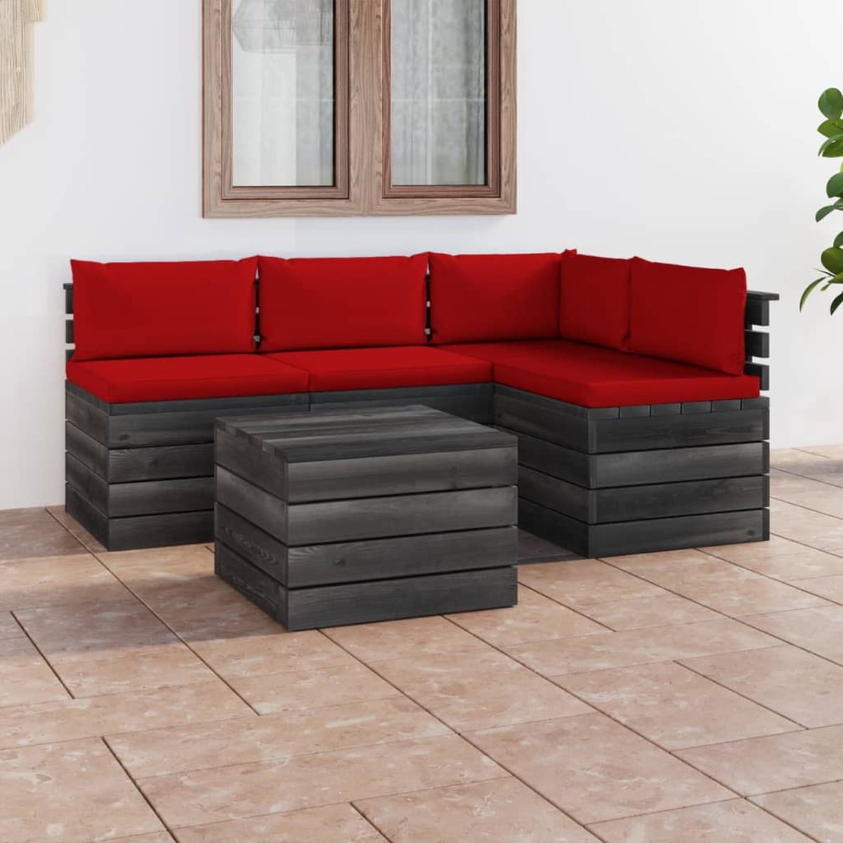 Vidaxl 5-delige Loungeset Met Kussens Pallet Massief Grenenhout - Rood