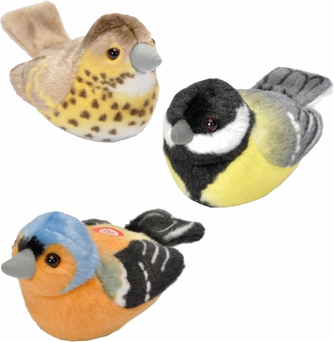 Wild Republic Set Van 3x Stuks Pluche Vogels Knuffels Van 14 Cm Met Geluid - Zanglijster, Vink En Koolmees - Speelgoed Dieren