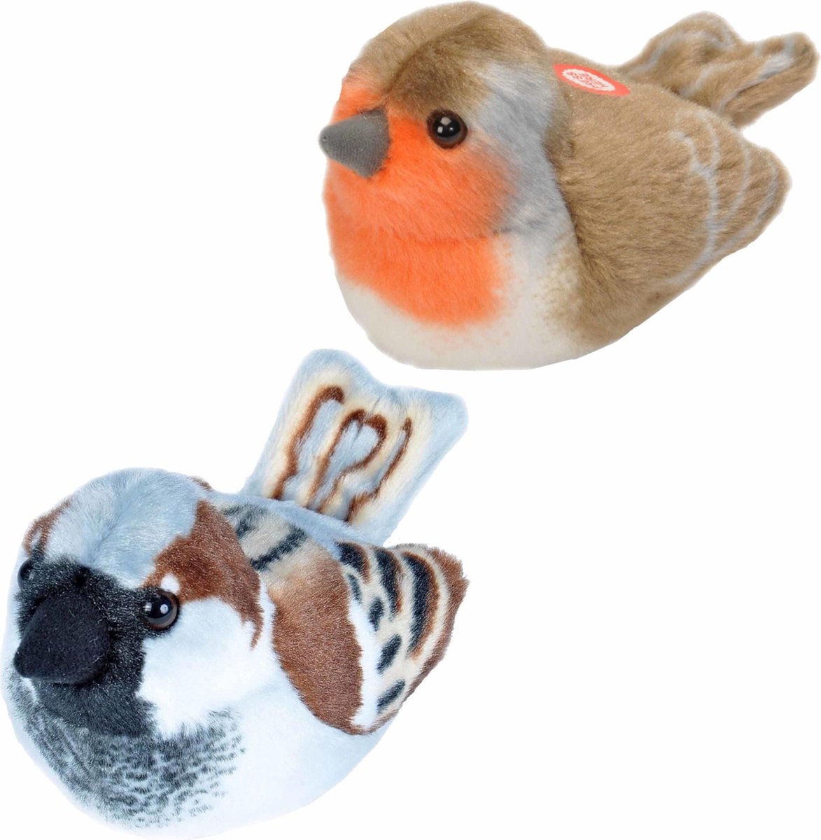 Wild Republic Set Van 2x Stuks Pluche Vogels Knuffels Van 14 Cm Met Geluid - Huismus Enborstje - Speelgoed Dieren - Rood