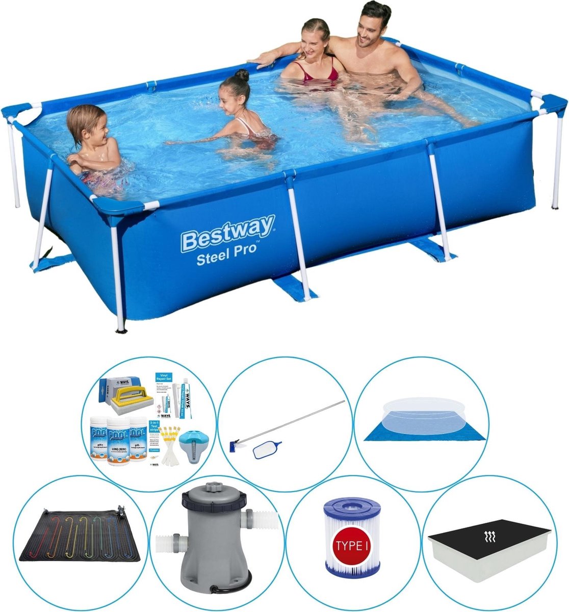 Bestway Steel Pro Rechthoekig 259x170x61 Cm - Zwembad Bundel - Blauw