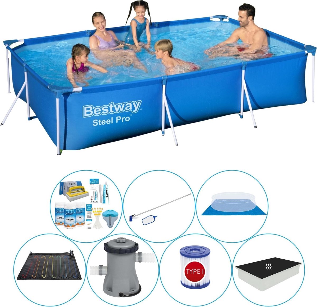 Bestway Steel Pro Rechthoekig 300x201x66 Cm - Zwembad Bundel - Blauw