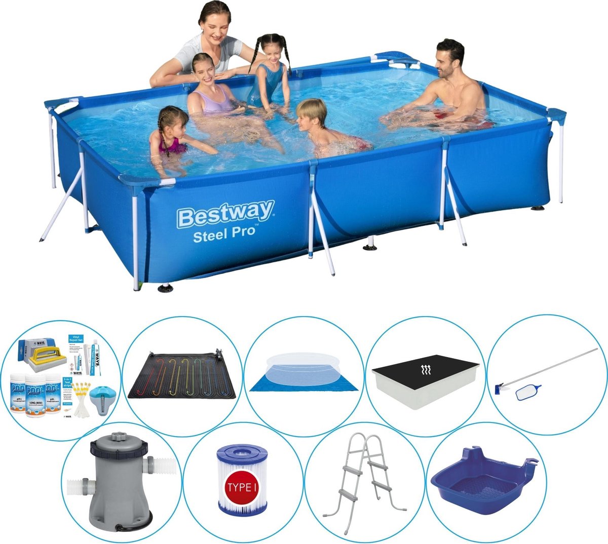 Bestway Steel Pro Rechthoekig 300x201x66 Cm - Deluxe Zwembad Pakket - Blauw