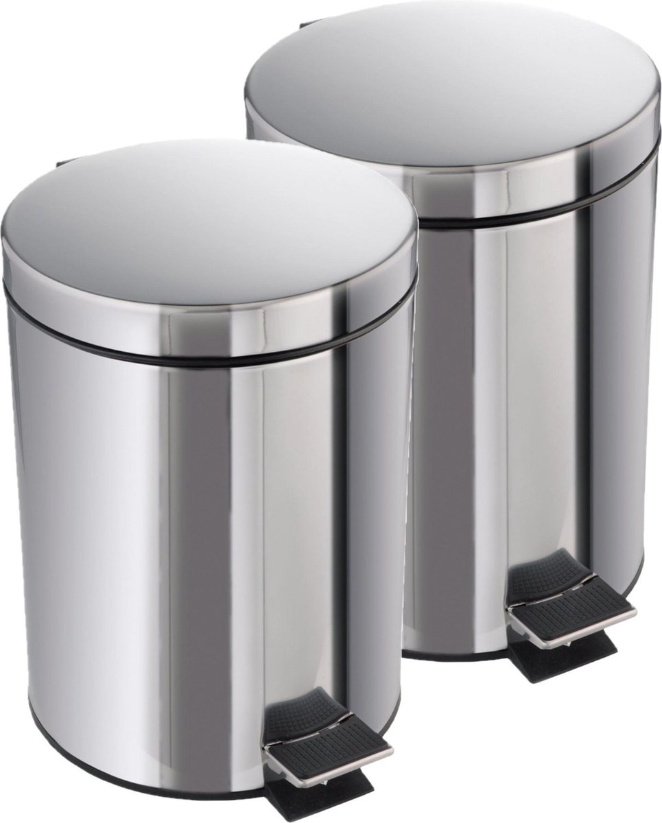 2x Stuks Rvs Pedaalemmers 5 Ltr - Kleine Prullenbakken - Silver