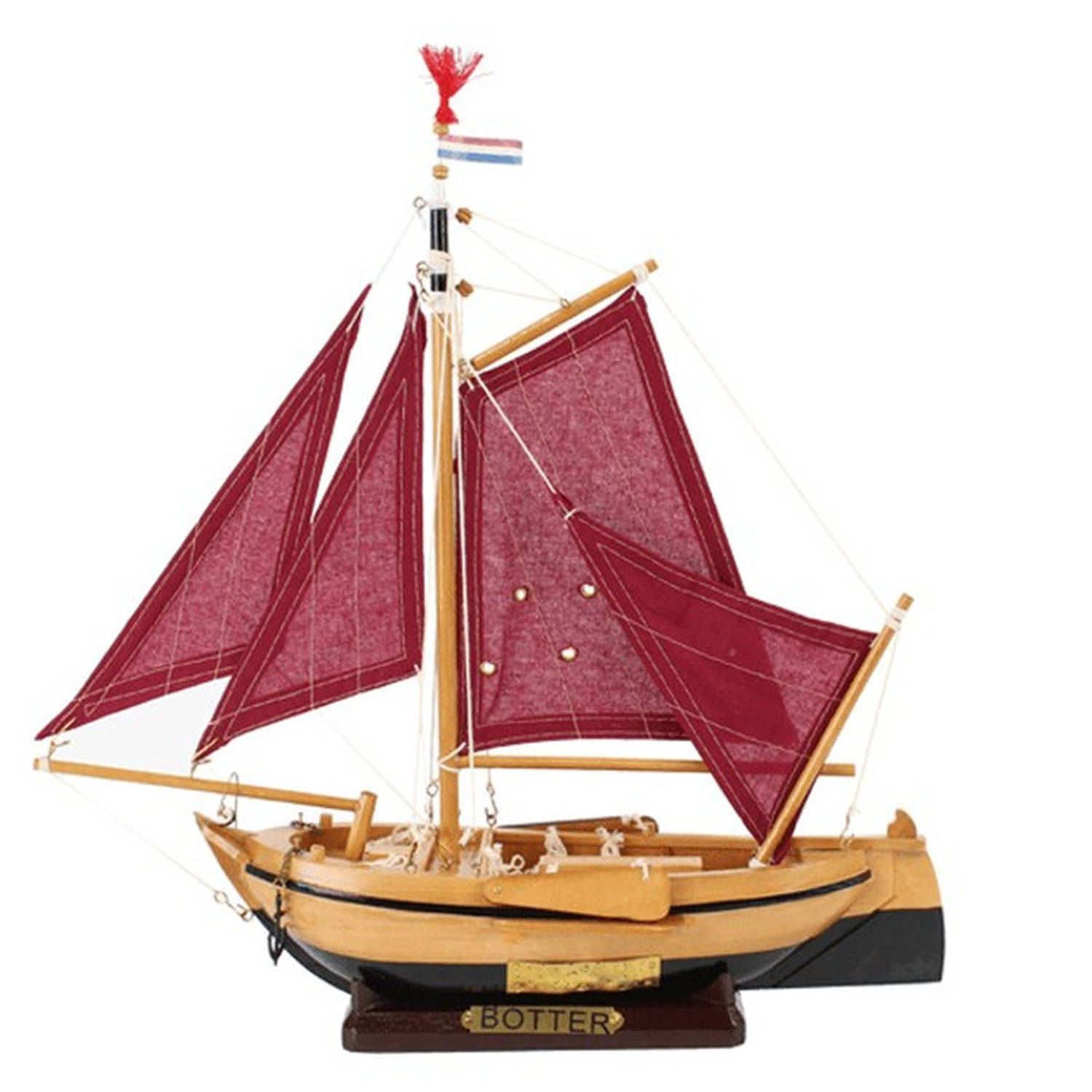 Decoratie Miniatuur Model Hollandse Vissersboot Met Rode Zeilen 34 Cm - Miniatuur Boot/boten - De Botter