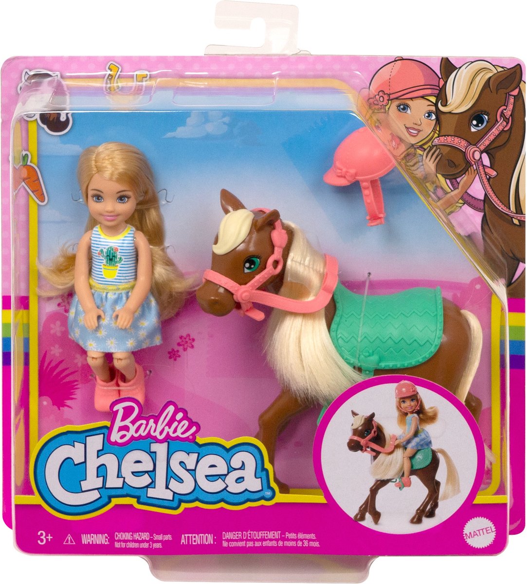 Mattel Barbie tienerpop Chelsea & Pony 15 cm/blauw 4 delig - Bruin
