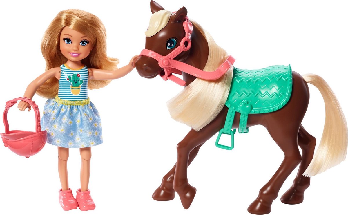 Mattel Barbie tienerpop Chelsea & Pony 15 cm/blauw 4 delig - Bruin