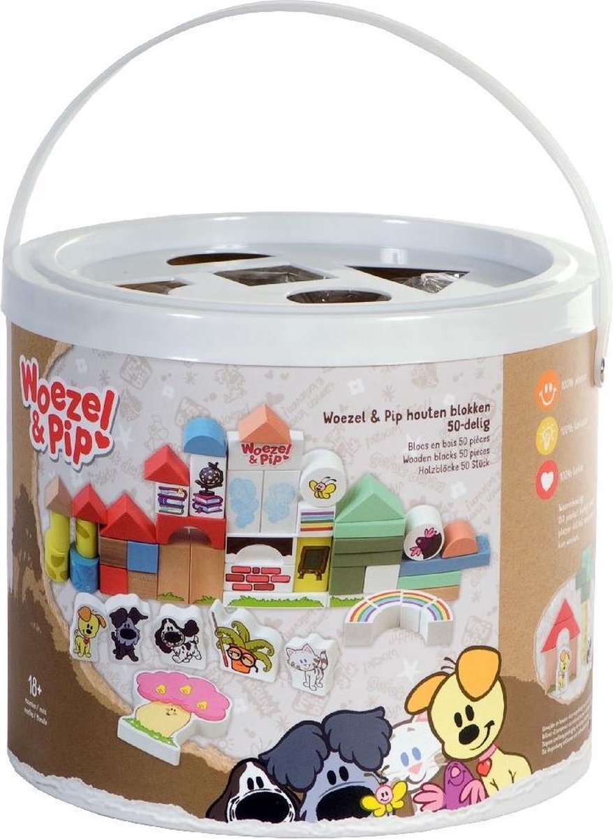 Rubo Toys houten blokken Woezel En Pip 4,5 cm 50 delig