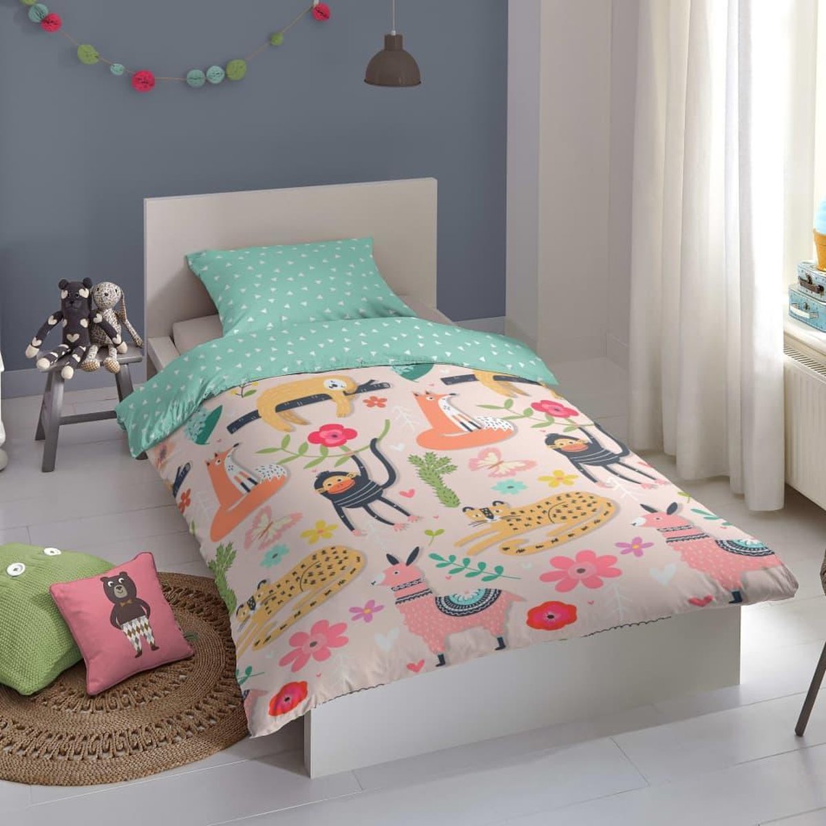 Good Morning dekbedovertrek junior 120 x 150 cm katoen groen/roze