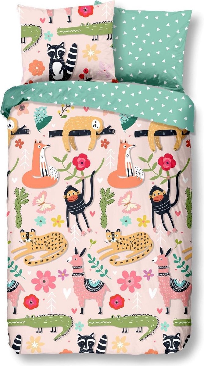 Good Morning dekbedovertrek junior 120 x 150 cm katoen groen/roze