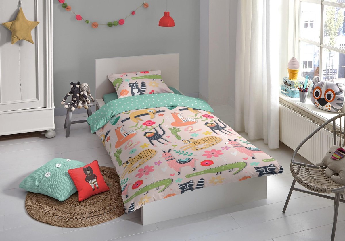 Good Morning dekbedovertrek junior 120 x 150 cm katoen groen/roze