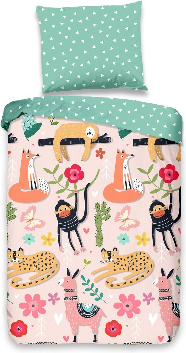 Good Morning dekbedovertrek junior 120 x 150 cm katoen groen/roze