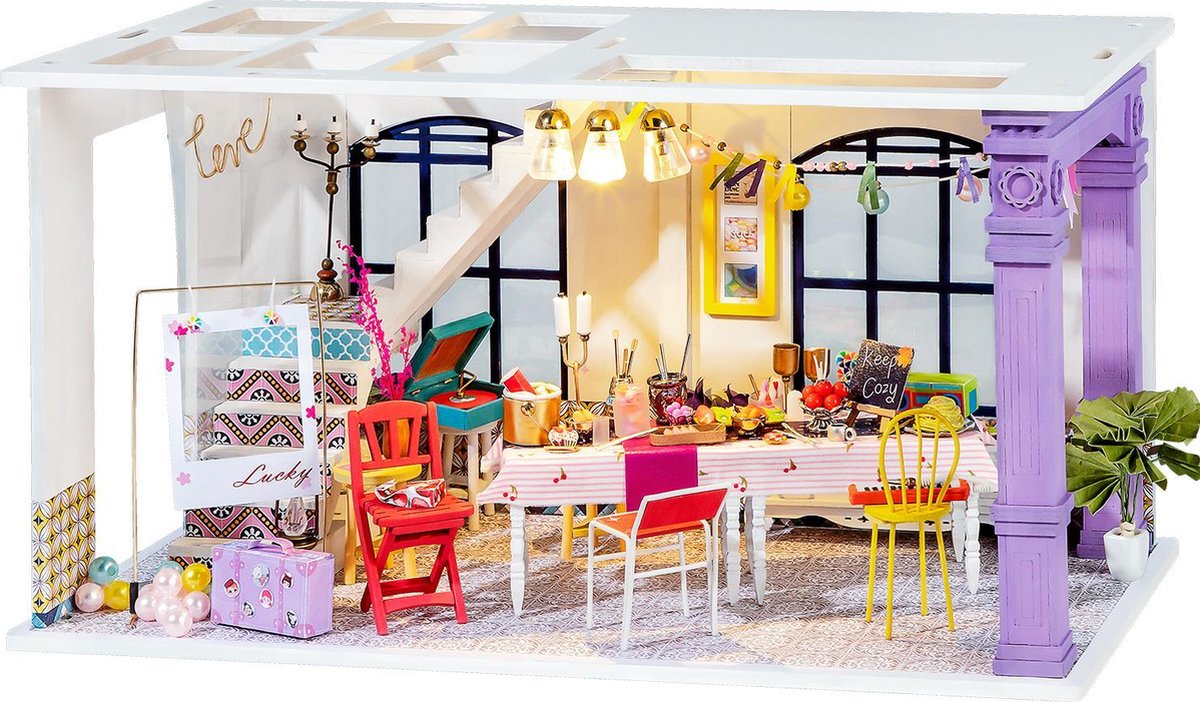 Robotime bouwset poppenhuis DIY Party 23 cm hout/textiel 3 delig