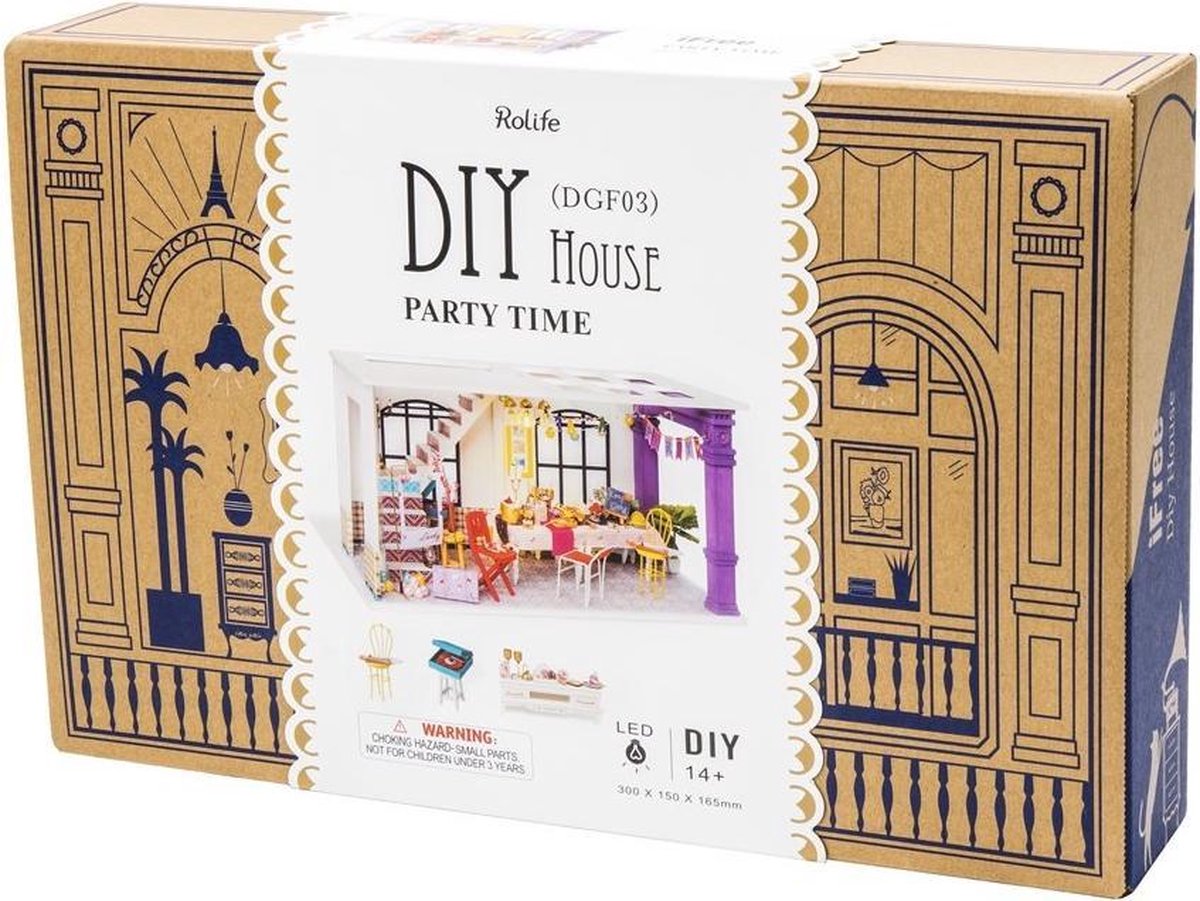 Robotime bouwset poppenhuis DIY Party 23 cm hout/textiel 3 delig