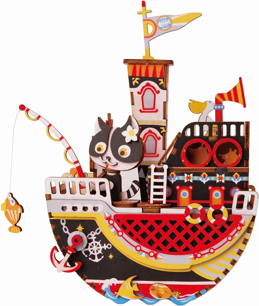 Robotime muziekdoos DIY vissende kat 18,9 cm hout - Bruin