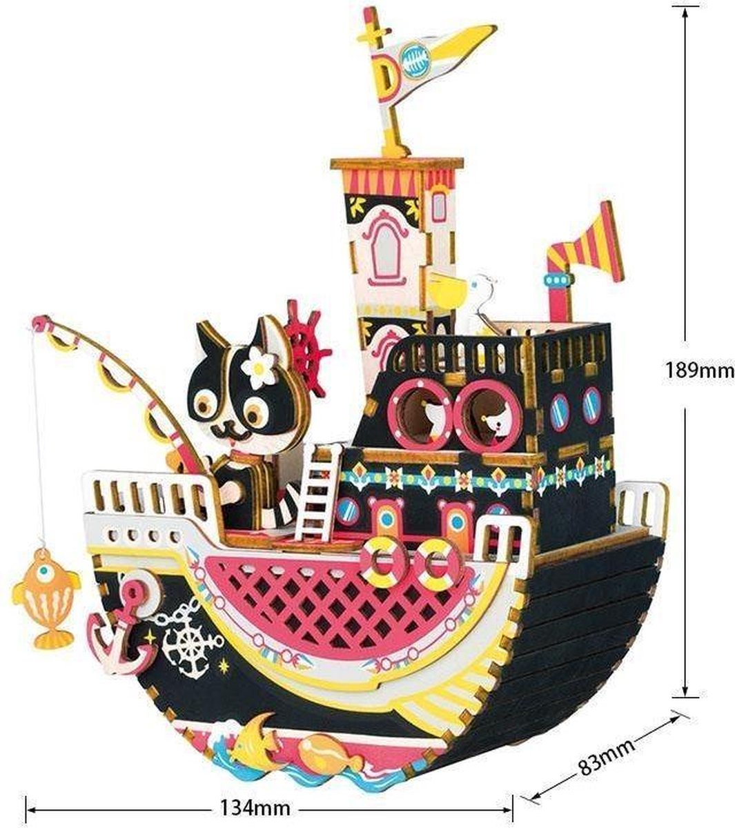 Robotime muziekdoos DIY vissende kat 18,9 cm hout - Bruin