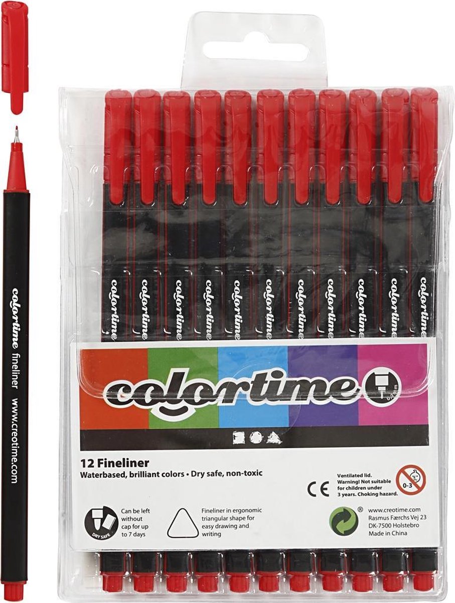 Colortime fineliner lijndikte 0,6 0,7 mm 12 stuks - Rood