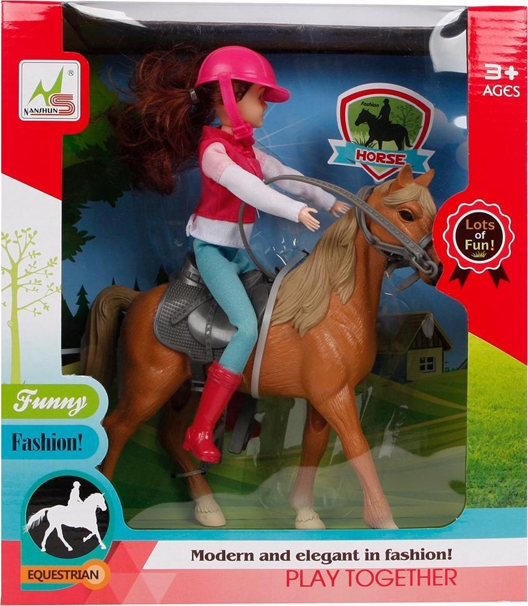Toys Amsterdam speelset Paard met ruiter 21 cm roze/bruin 4 delig