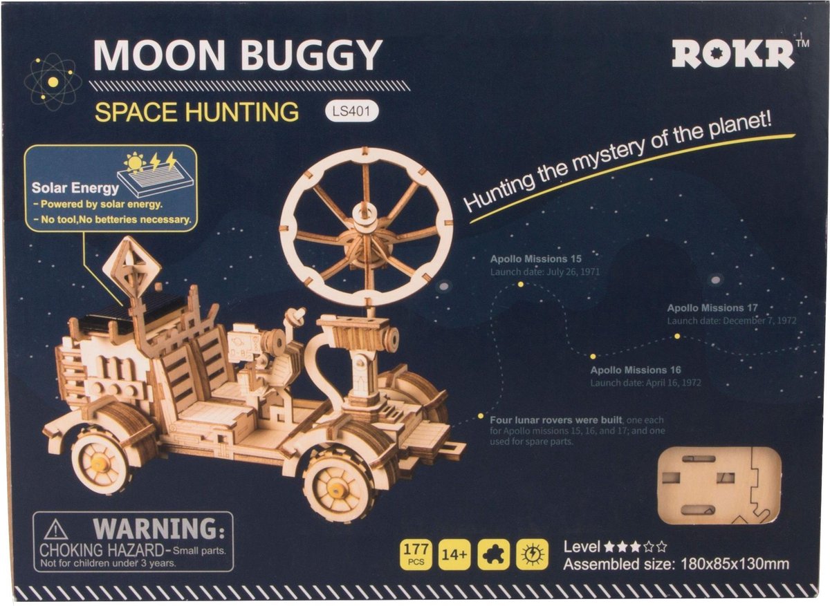 Robotime modelbouwset maanbuggy met zonnecel 18 cm hout - Bruin