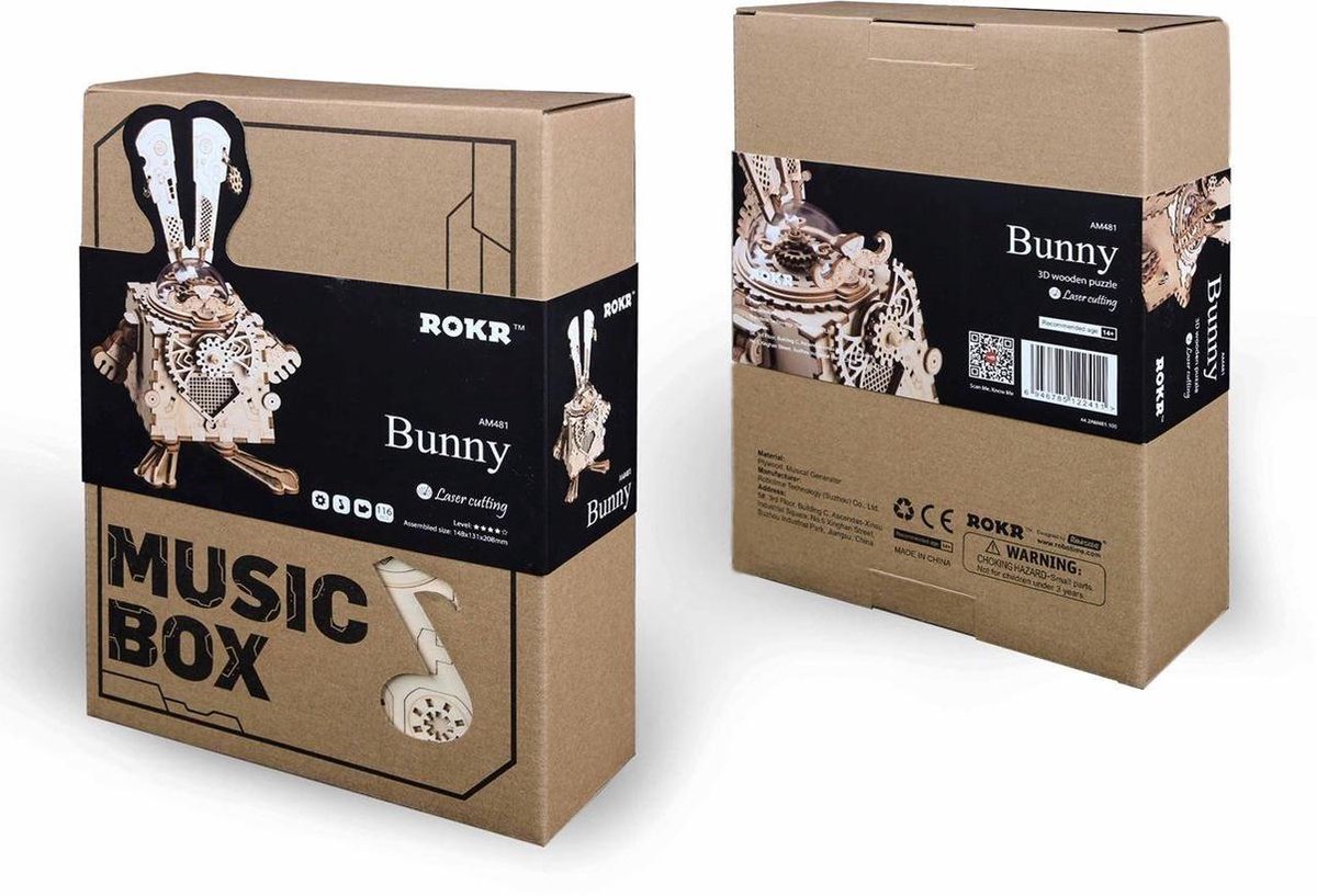 Robotime DIY muziekdoosje houten konijn 116 delig - Bruin